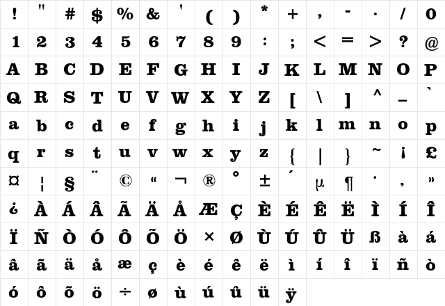 Clarendon BQ Regular  glyph index