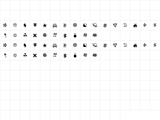 Curses Regular  glyph index