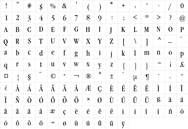 Garamond ITC Condensed BQ Regular  glyph index