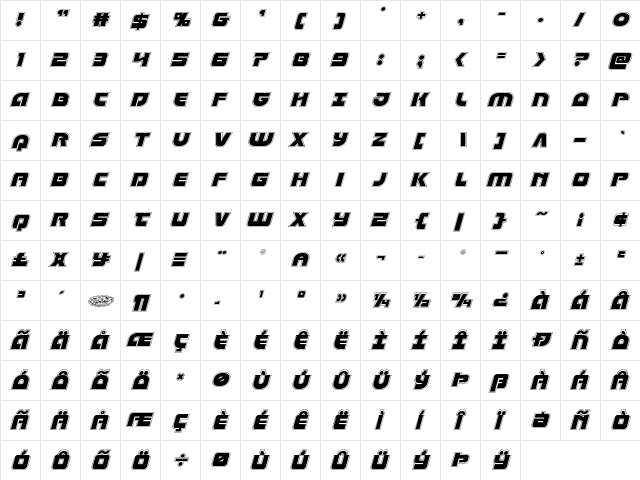 Laser Corps Academy Italic Regular  glyph index