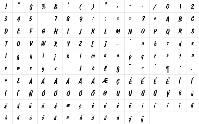 DomCasual-Italic Regular  glyph index
