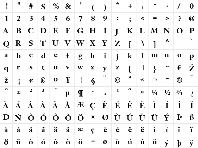 JansonText LT Bold Regular  glyph index