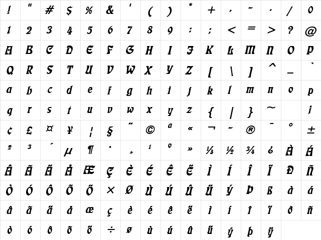 Freedom BoldItalic  glyph index