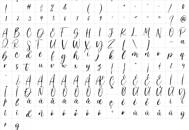 Angela Dream Regular  glyph index