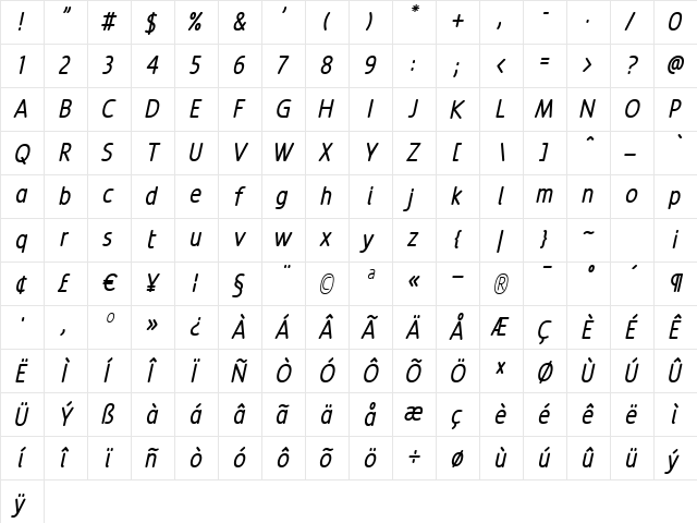 Revalo ModernRegular Italic Regular  glyph index