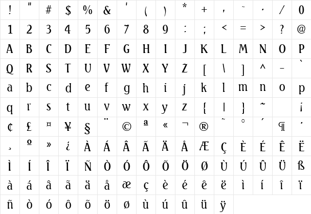 Seabird Light SF Regular  glyph index