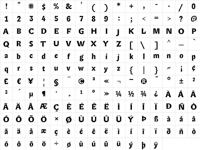 Lexicon Gothic Bold  glyph index