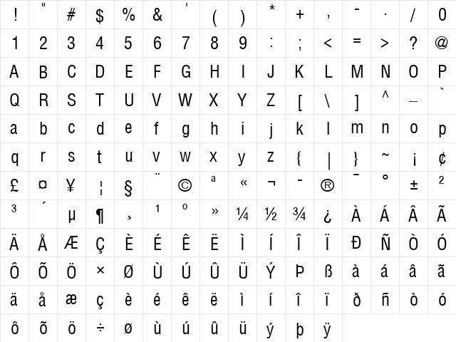 Helvetica Condensed Regular  glyph index
