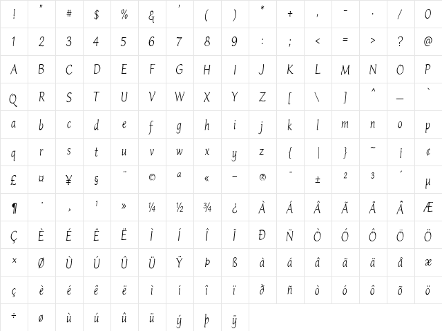 Italican Oblique Condensed Regular  glyph index