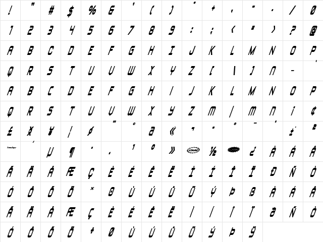 Blizzard Shaft Bold Super-Ital Regular  glyph index