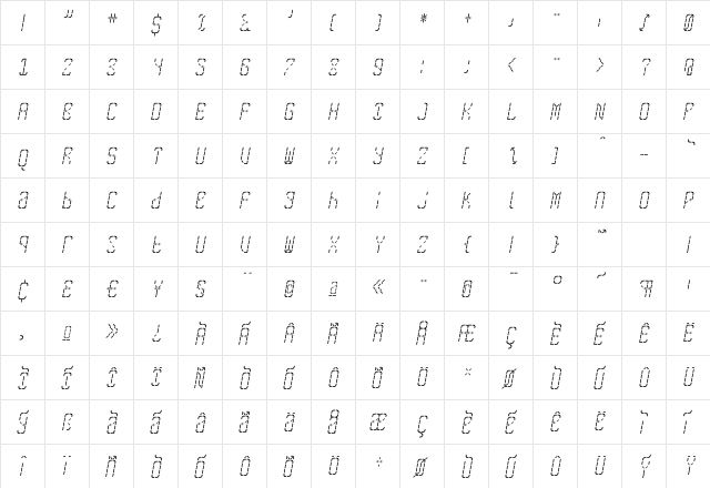 SkreanRegular Oblique Regular  glyph index