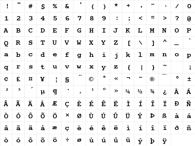 Cumberland Bold  glyph index