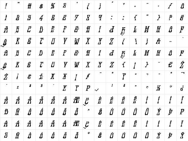 Instant Zen Bold Italic Bold Italic  glyph index