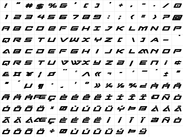 Sabre Shark Bold Bold  glyph index