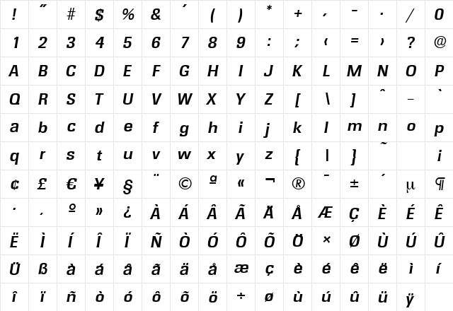 RochesterSerial BoldItalic  glyph index