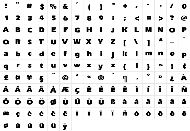 Dublin Black-Bold Regular  glyph index