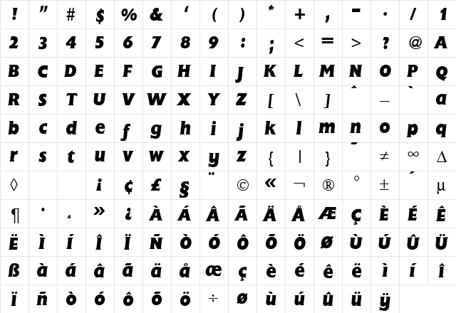 FlemingHeavy RegularItalic  glyph index