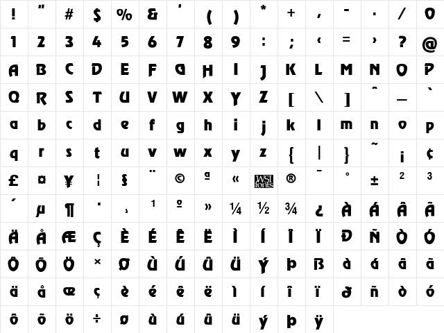 RevelRegular Regular  glyph index