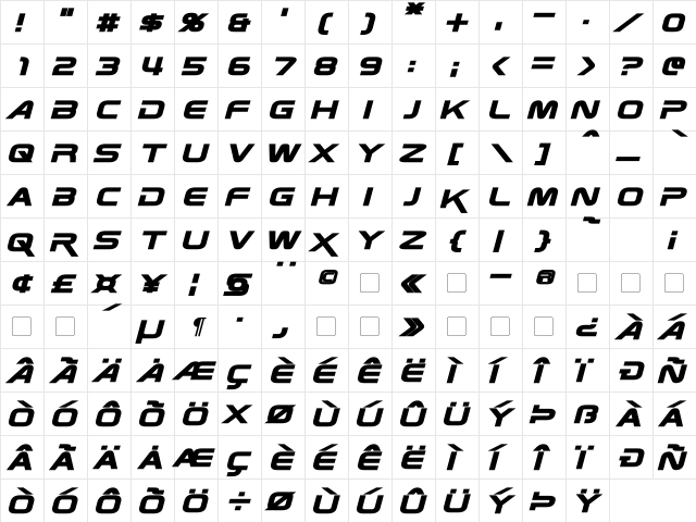 Zebulon Bold Italic  glyph index