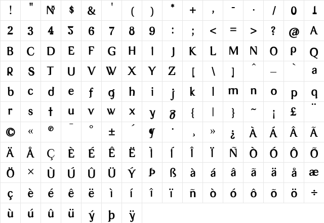 Tex Bold  glyph index