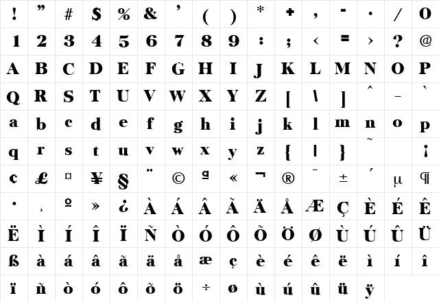Baskerville-Serial-Black Regular  glyph index