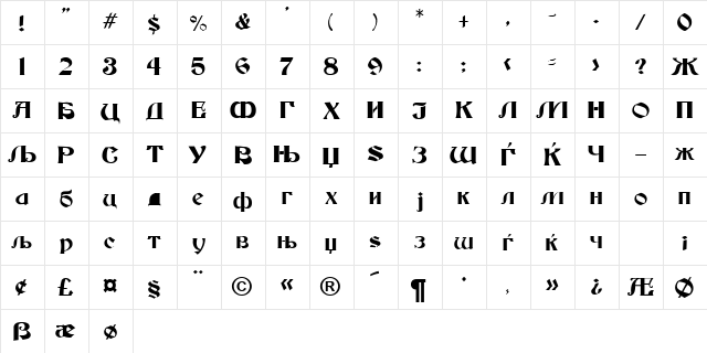 Macedonian Becker Bold  glyph index