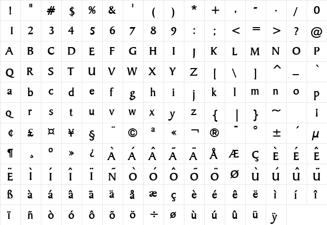 Barrett Bold  glyph index