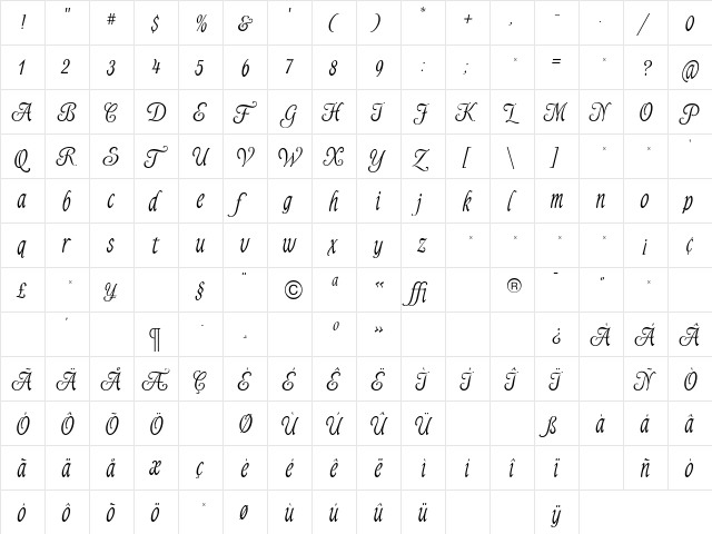 Alys Script Medium Regular  glyph index