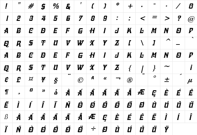 Davis Italic  glyph index