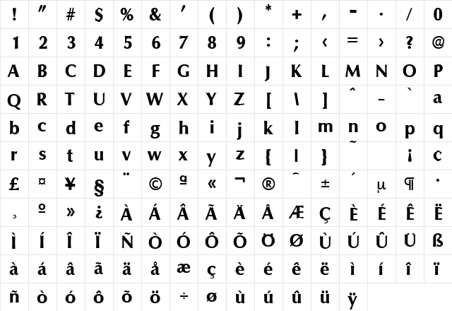 Columbia-Serial-ExtraBold Regular  glyph index