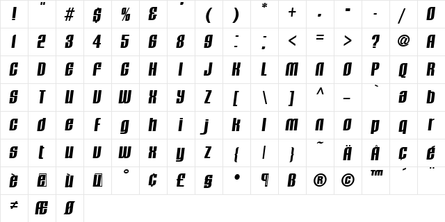CAVALIER XBOLD Normal  glyph index