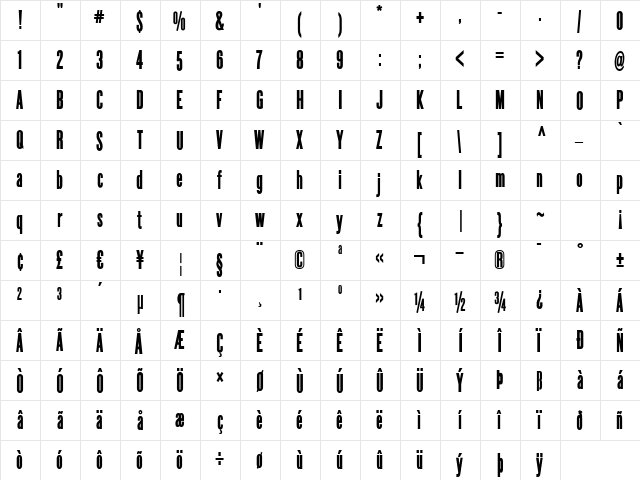 Poster Sans Bold Regular  glyph index