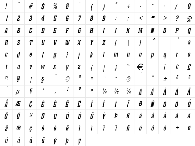 AcheThin Italic  glyph index