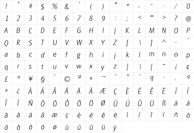 Iglasgow Xlight  glyph index