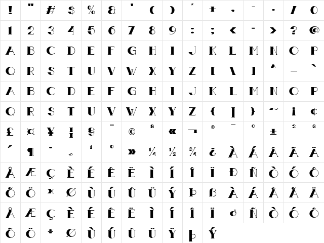 Boldatin ExtBd Regular  glyph index
