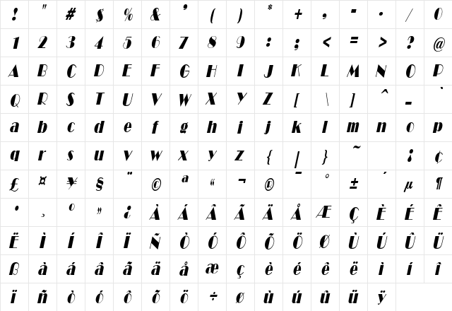 NewYorkDecoCondensed Oblique  glyph index