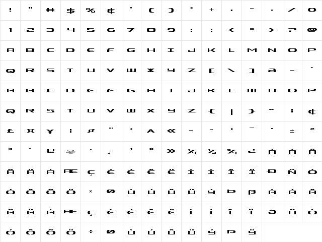 Alpha Men Regular  glyph index