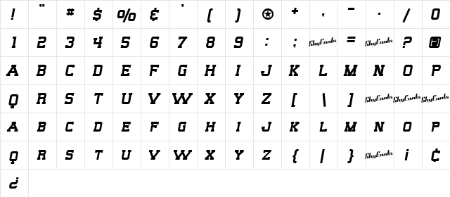 SF Big Whiskey SC Regular  glyph index