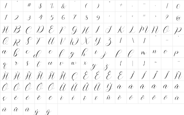 alyana Regular  glyph index