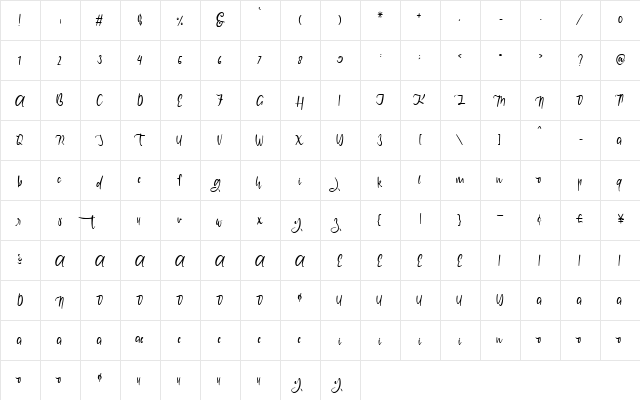 Kaliarta Regular  glyph index