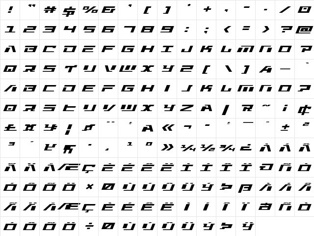 War Machine Expanded Italic Expanded  glyph index