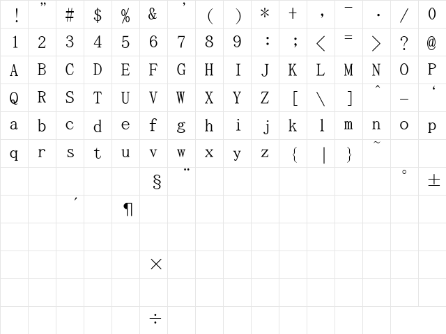 Kochi Mincho Regular  glyph index