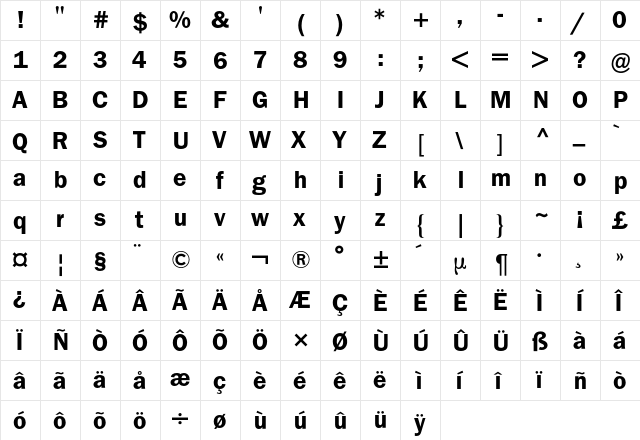 Franklin ITC BQ Regular  glyph index