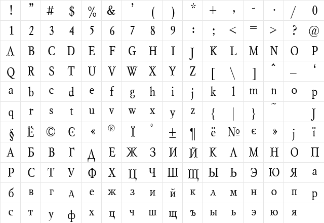 MyslNarrowC Normal  glyph index