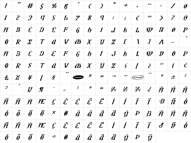 Xiphos Expanded Italic Expanded Italic  glyph index
