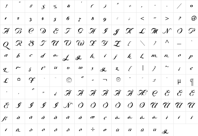 Byron Bold Swash Regular  glyph index