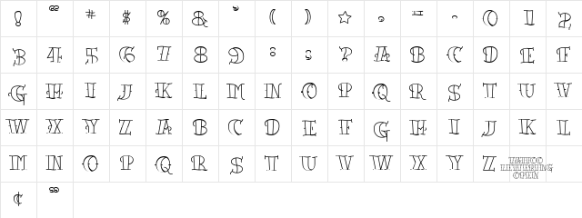 TattooLetteringOpen Regular  glyph index