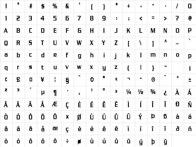 Chaney Thin Bold  glyph index