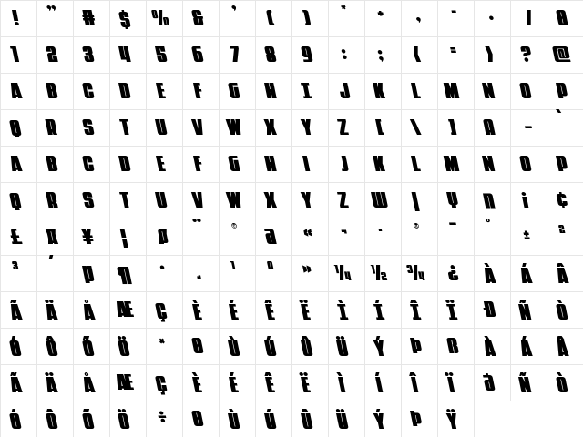 Punch Leftalic Regular  glyph index