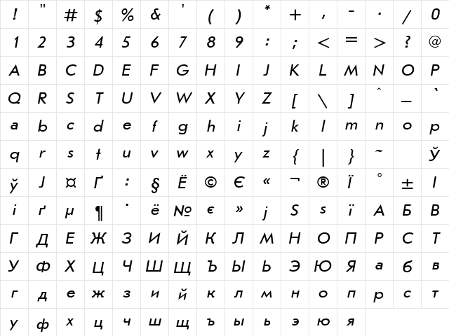 JournalSans Italic Cyrillic  glyph index
